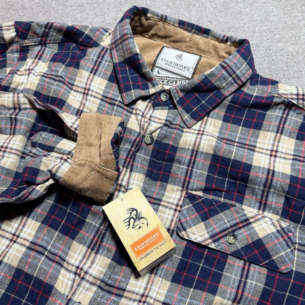 NWT Legendary Whitetails Mens XLT Buck Camp Flannel Shirt Navy Tan Plaid 6464